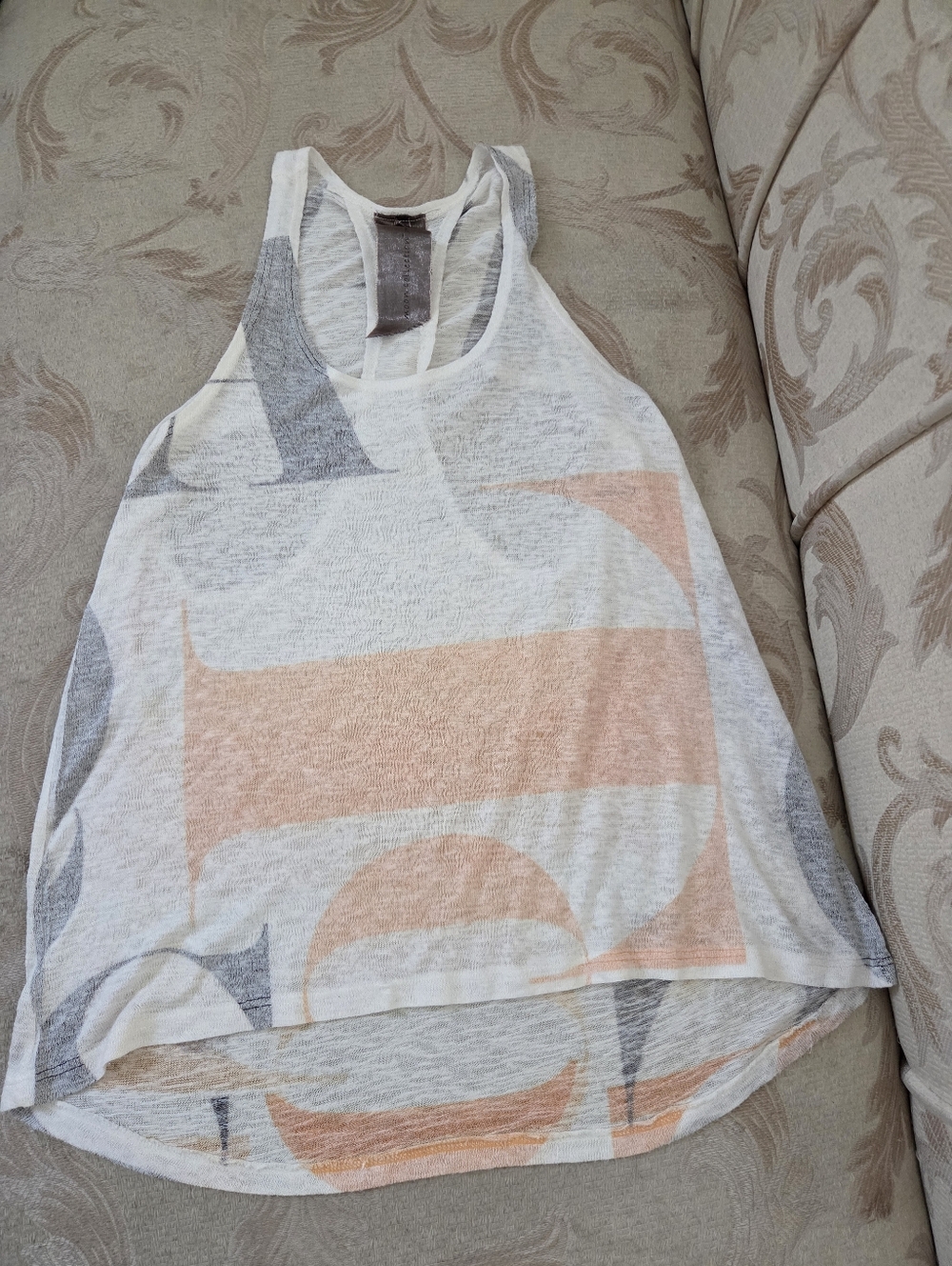 Moon Collection Racerback White Tank with Peach & Gray Geometric Print - Women M